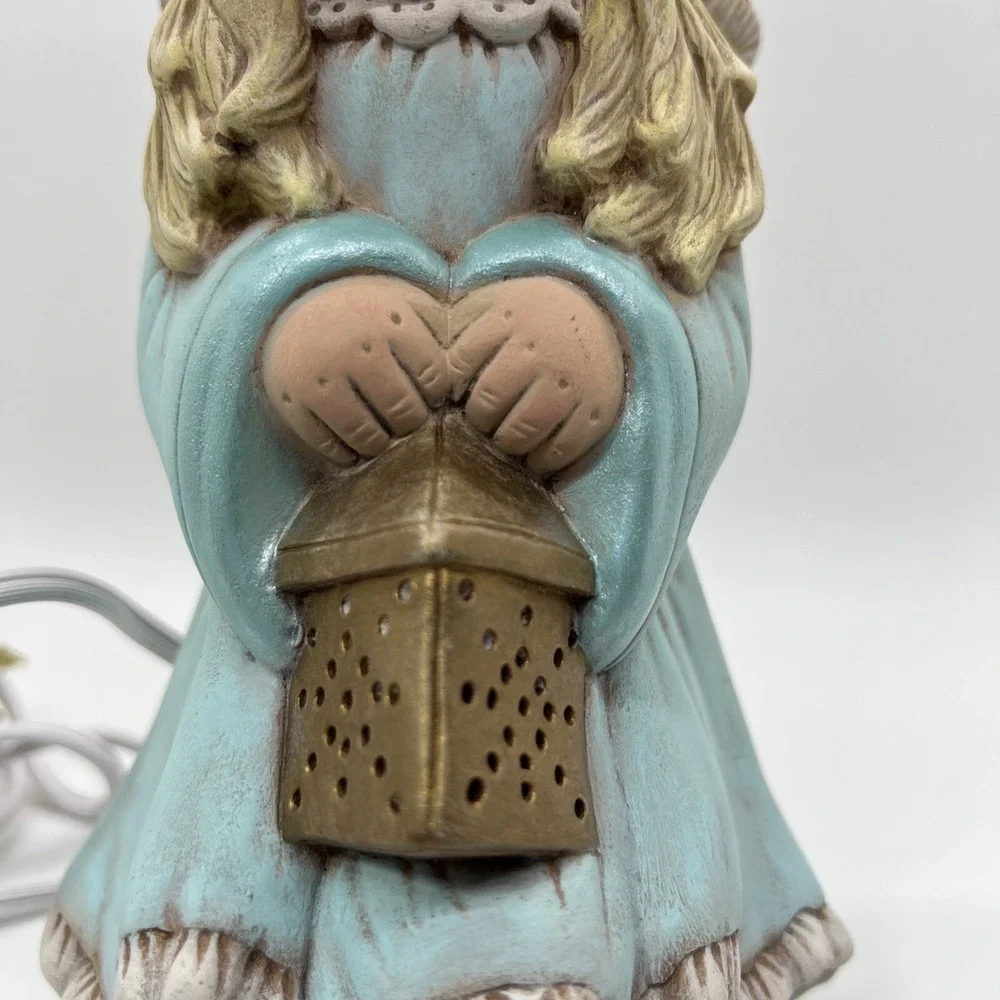 Vintage Angel Night Light Lamp Big Eyes Ceramic Figurine Blue Dress Halo Lantern